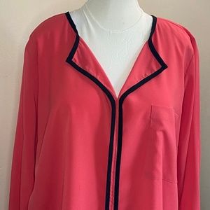Eloquii Long Sleeve Contrast Trim Blouse 18 Coral with Black Trim